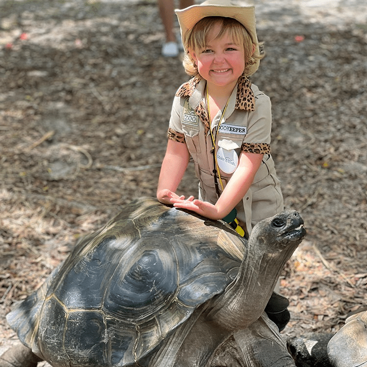 Wish Kid Amelia next to large tortoise at Miami Zoo